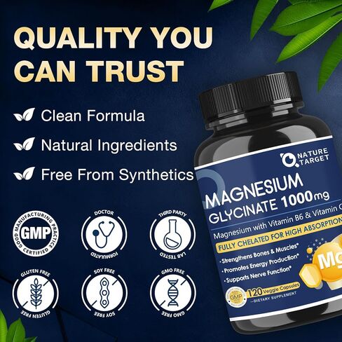 NATURE TARGET Magnesium Glycinate 1000mg - Magnesium Supplements with Vitamins C & B6 for Muscle, Nerves, Heart, Energy & Immune Health, 100% Chelated Magnesium for Max Absorption - Vegan,120 Capsules in Saudi Arabia