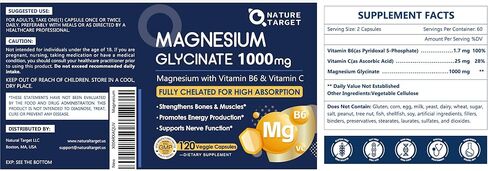 NATURE TARGET Magnesium Glycinate 1000mg - Magnesium Supplements with Vitamins C & B6 for Muscle, Nerves, Heart, Energy & Immune Health, 100% Chelated Magnesium for Max Absorption - Vegan,120 Capsules in Saudi Arabia