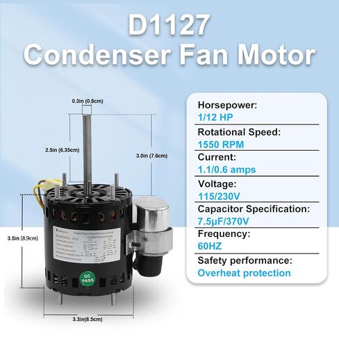 9721 D1127 Refrigeration Fan Motor, 1/12 HP 1550 RPM 115/230V AC, Compatible with HeatCraft 5008S 5008T, Bohn 25309101 Century 9721 Fasco D1127 Permanent Split Capacitor Motor, with Capacitor in Saudi Arabia