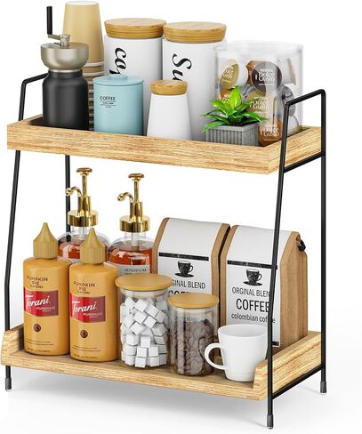 Coffee Station Organizer Countertop, Wooden Coffee Bar Accessories Organizer, Rustic Kitchen Counter Shelf, Condiment Racks,Condiment Pod Syrup Storage Holder Stand for Kitchen, Home, Office (Brown) in Kuwait