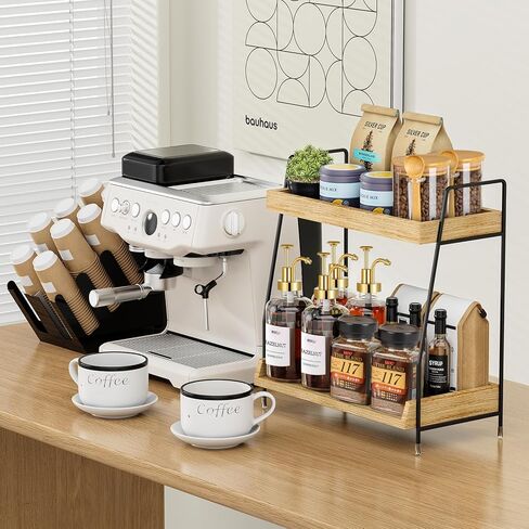 Coffee Station Organizer Countertop, Wooden Coffee Bar Accessories Organizer, Rustic Kitchen Counter Shelf, Condiment Racks,Condiment Pod Syrup Storage Holder Stand for Kitchen, Home, Office (Brown) in Kuwait