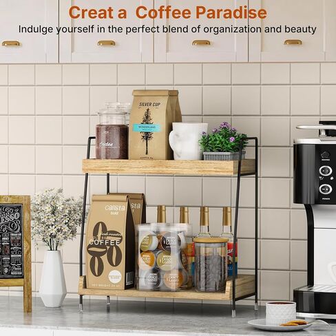 Coffee Station Organizer Countertop, Wooden Coffee Bar Accessories Organizer, Rustic Kitchen Counter Shelf, Condiment Racks,Condiment Pod Syrup Storage Holder Stand for Kitchen, Home, Office (Brown) in Kuwait