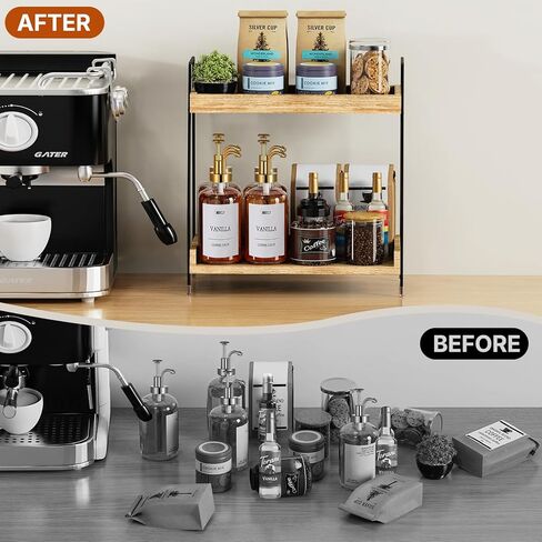 Coffee Station Organizer Countertop, Wooden Coffee Bar Accessories Organizer, Rustic Kitchen Counter Shelf, Condiment Racks,Condiment Pod Syrup Storage Holder Stand for Kitchen, Home, Office (Brown) in Kuwait