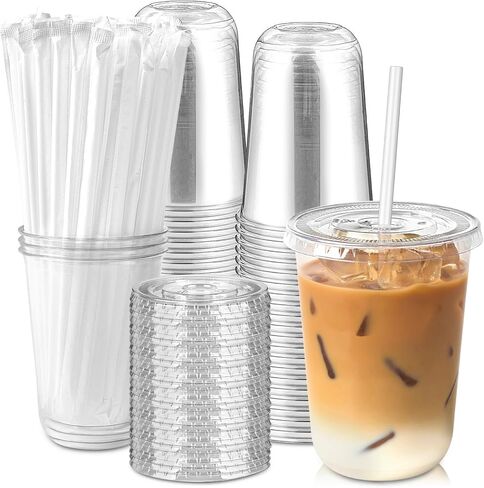 [50 Sets - 16oz Round Bottom Clear Plastic Cups with Lids and Straws, Disposable Iced Coffee Cups with Lids To Go Cold Drink Cups for Smoothies, Juices, Party Catering in Kuwait