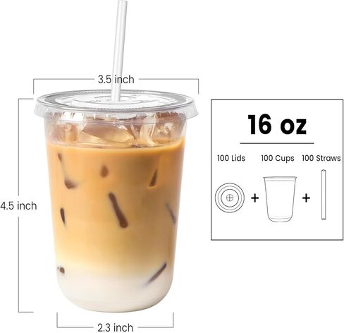 [50 Sets - 16oz Round Bottom Clear Plastic Cups with Lids and Straws, Disposable Iced Coffee Cups with Lids To Go Cold Drink Cups for Smoothies, Juices, Party Catering in Kuwait