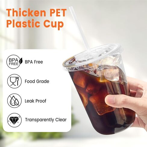 [50 Sets - 16oz Round Bottom Clear Plastic Cups with Lids and Straws, Disposable Iced Coffee Cups with Lids To Go Cold Drink Cups for Smoothies, Juices, Party Catering in Kuwait