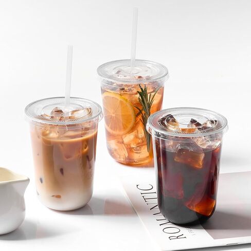 [50 Sets - 16oz Round Bottom Clear Plastic Cups with Lids and Straws, Disposable Iced Coffee Cups with Lids To Go Cold Drink Cups for Smoothies, Juices, Party Catering in Kuwait