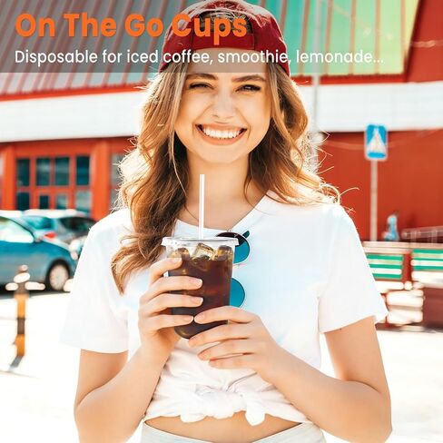[50 Sets - 16oz Round Bottom Clear Plastic Cups with Lids and Straws, Disposable Iced Coffee Cups with Lids To Go Cold Drink Cups for Smoothies, Juices, Party Catering in Kuwait