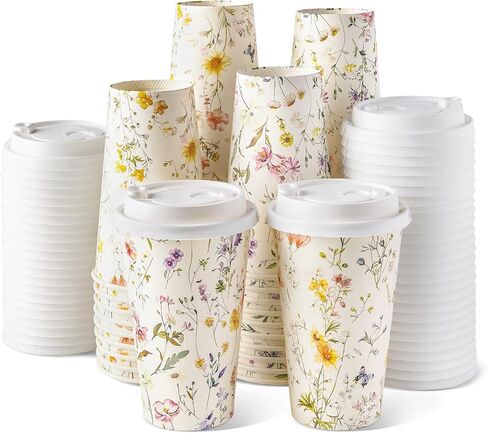 50 عبوة من أكواب القهوة الورقية من Nihuecne سعة 16 أونصة مع أغطية سهلة التركيب، أكواب ذات طابع زهور لطيفة للمشروبات الساخنة والباردة، لوازم الحفلات الأنيقة للمنزل والمكتب والبار والسفر والزفاف والحفلات in Kuwait