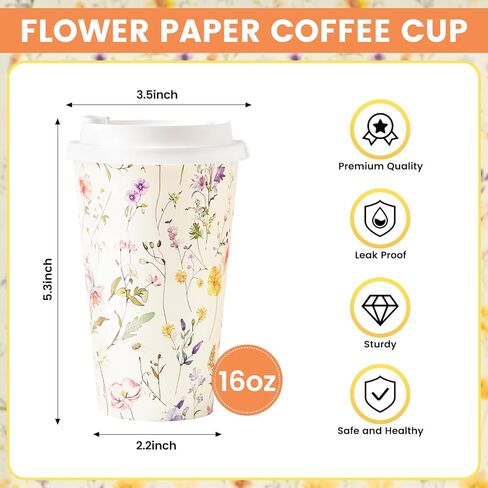 50 عبوة من أكواب القهوة الورقية من Nihuecne سعة 16 أونصة مع أغطية سهلة التركيب، أكواب ذات طابع زهور لطيفة للمشروبات الساخنة والباردة، لوازم الحفلات الأنيقة للمنزل والمكتب والبار والسفر والزفاف والحفلات in Kuwait
