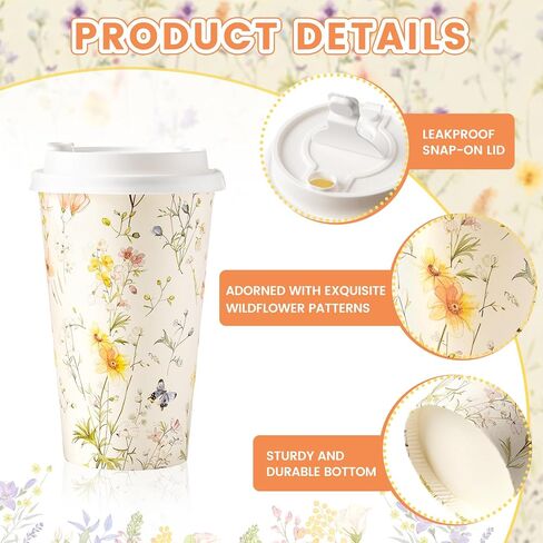 50 عبوة من أكواب القهوة الورقية من Nihuecne سعة 16 أونصة مع أغطية سهلة التركيب، أكواب ذات طابع زهور لطيفة للمشروبات الساخنة والباردة، لوازم الحفلات الأنيقة للمنزل والمكتب والبار والسفر والزفاف والحفلات in Kuwait