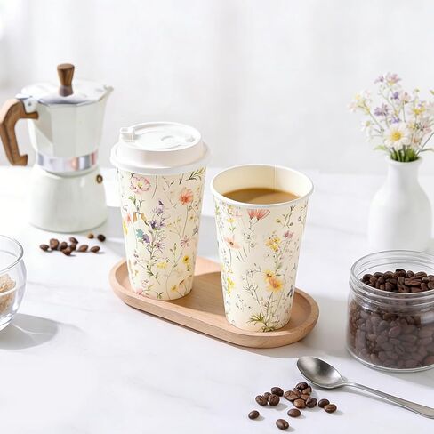 50 عبوة من أكواب القهوة الورقية من Nihuecne سعة 16 أونصة مع أغطية سهلة التركيب، أكواب ذات طابع زهور لطيفة للمشروبات الساخنة والباردة، لوازم الحفلات الأنيقة للمنزل والمكتب والبار والسفر والزفاف والحفلات in Kuwait