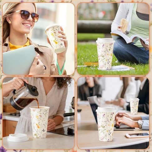 50 عبوة من أكواب القهوة الورقية من Nihuecne سعة 16 أونصة مع أغطية سهلة التركيب، أكواب ذات طابع زهور لطيفة للمشروبات الساخنة والباردة، لوازم الحفلات الأنيقة للمنزل والمكتب والبار والسفر والزفاف والحفلات in Kuwait