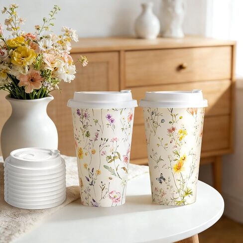50 عبوة من أكواب القهوة الورقية من Nihuecne سعة 16 أونصة مع أغطية سهلة التركيب، أكواب ذات طابع زهور لطيفة للمشروبات الساخنة والباردة، لوازم الحفلات الأنيقة للمنزل والمكتب والبار والسفر والزفاف والحفلات in Kuwait