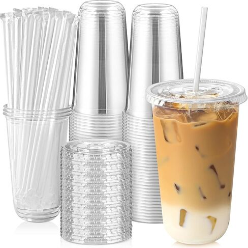 [50 Sets - 16oz Round Bottom Clear Plastic Cups with Lids and Straws, Disposable Iced Coffee Cups with Lids To Go Cold Drink Cups for Smoothies, Juices, Party Catering in Kuwait
