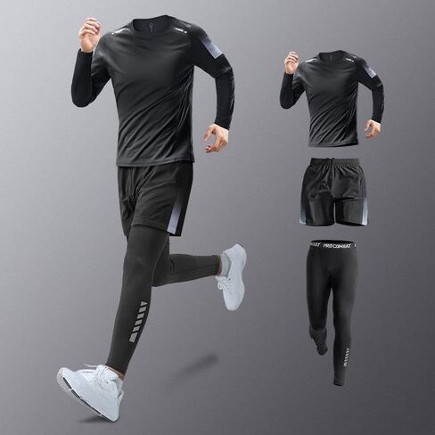 Men’s 3-Piece Activewear Set, Long-Sleeve Compression Top, Shorts & Tights for Running, Gym Workouts, Training Sessions in Saudi Arabia