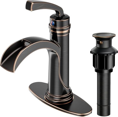 Forious Bathroom Sink Faucet Oil Rubbed Bronze Single Handle One Hole Antique Waterfall Bathroom Faucet with Metal Pop Up Drain and Deck Plate for Lavatory Vanity Farmhouse RV in Saudi Arabia