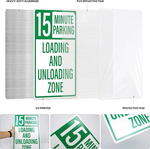 2 Pack 15 Minute Parking Loading And Unloading Zone Sign 12" x 18" Reflective Aluminum No Parking Sign for Business Private Property Delivery Areas in Saudi Arabia