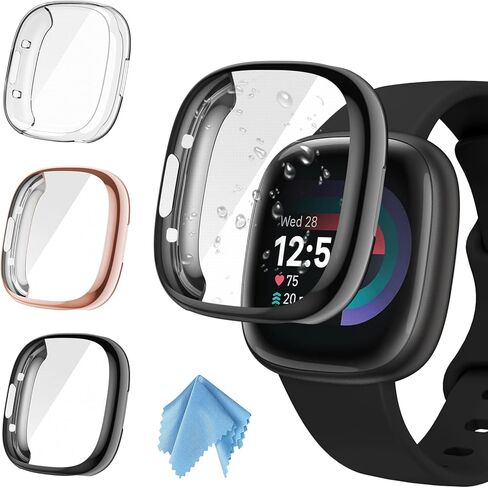Fintie 3 Packs Screen Protector Case Compatible with Fitbit Versa 4 / Sense 2, Soft TPU Plated Bumper Full Protective Cover Cases Scratch-Proof, Black/Clear/Silver in Saudi Arabia