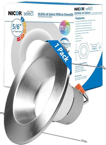 مصابيح السقف LED النازل - تركيبات إضاءة LED غائرة قابلة للتعتيم 5/6 بوصة - CCT 2700K-5000K قابلة للتحديد، 918 لومن، 10.3W - ضوء السقف التحديثي DLR56، أبيض، قطعة واحدة من NICOR Lighting in Kuwait