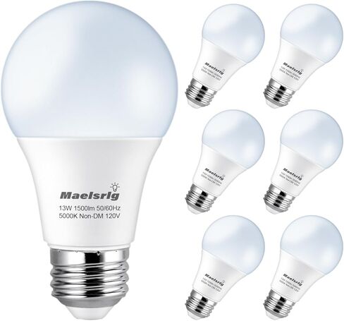 Maelsrlg 100 واط لمبة إضاءة مكافئة A19 LED - 90 CRI، 13W 1500LM، ضوء النهار 5000K، قاعدة E26، غير قابلة للتعتيم، 120 فولت، مصابيح LED بيضاء ساطعة للمنزل، 6 عبوات in Kuwait