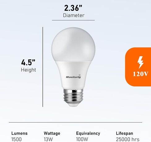 Maelsrlg 100 واط لمبة إضاءة مكافئة A19 LED - 90 CRI، 13W 1500LM، ضوء النهار 5000K، قاعدة E26، غير قابلة للتعتيم، 120 فولت، مصابيح LED بيضاء ساطعة للمنزل، 6 عبوات in Kuwait