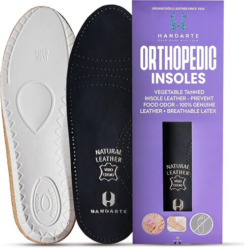 HANDARTE Premium Leather Orthopedic Soft Shoe Insoles | Thick Shoe Inserts for Men/Women - More Durable - 100% Natural Goatskin & Anti Sweat - Suitable for No-Socks (US W8.5/M7 | EU40) in Saudi Arabia