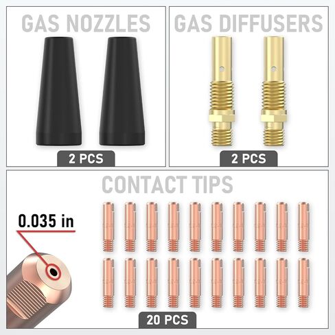 YESWELDER Flux Core Welding Gun Accessories Kit, 24Pcs, 20*.035 Tips & 2*Rubber Wood Gasless Flux Core Nozzles & 2*Gas Diffusers, Compatible with Lincoln Magnum 100L Gasless MIG Welding Torch in Saudi Arabia