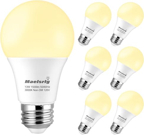 Maelsrlg 100 واط لمبة إضاءة مكافئة A19 LED - 90 CRI، 13W 1500LM، ضوء النهار 5000K، قاعدة E26، غير قابلة للتعتيم، 120 فولت، مصابيح LED بيضاء ساطعة للمنزل، 6 عبوات in Kuwait