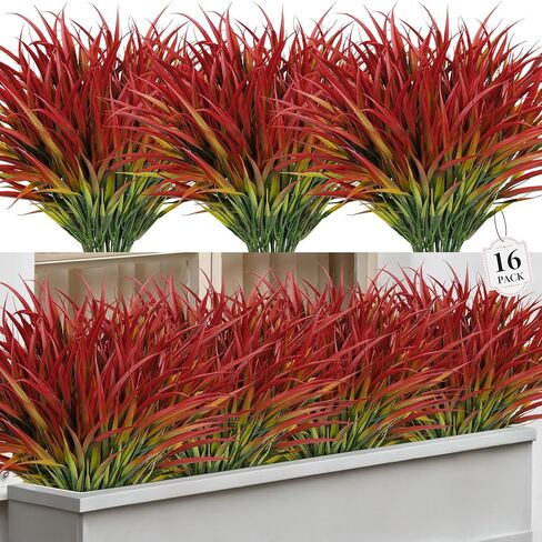 Besteek 16 Pcs Artificial Plants Outdoor Fake Grass Faux Greenery Stems UV Resistant Plastic Plants Shrubs for Planters Patio Garden Front Porch Pathway Spring Summer Home Decor, Red in Saudi Arabia