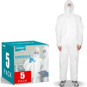 FURWEY Hazmat Suits 5 عبوات من المآزر الواقية التي يمكن التخلص منها، مع معصمين وكاحل وقلنسوة مطاطيين، متوفرة في 4 أحجام in Kuwait