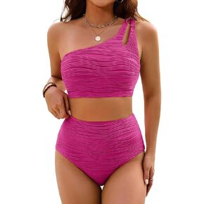 Women's High Waisted Bikini Sets One Shoulder Tummy Control Swimsuits 2 Piece Textured Bathing Suits in Saudi Arabia