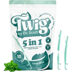 5-in-1 Disposable Toothbrush, 10 Pack - Ready to Go Prepasted Travel Toothbrush, No Water Needed - Floss, Pick, Tongue Scraper - Ergonomic Handle & Brush Head - Individually Wrapped in Saudi Arabia