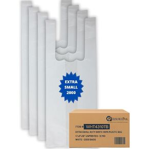 EXTRA SMALL White Unprinted HDPE T-Shirt Bags 4"x3"x10" with handles – 2000 Bags – 12 Microns – Perfect for Supermarkets, Grocery Shopping and Store Purchases in Kuwait