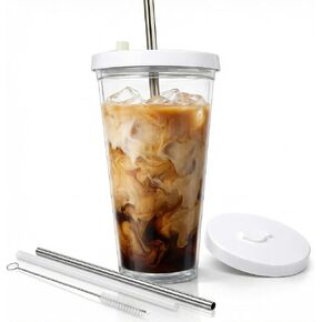 Kensal Home Reusable Iced Coffee Cup (24 Oz/Venti), Leak Proof and Double Wall Insulated Iced Coffee Tumbler, Come with Reusable Plastic and Metal Straws and Straw Cleaner - White in Saudi Arabia