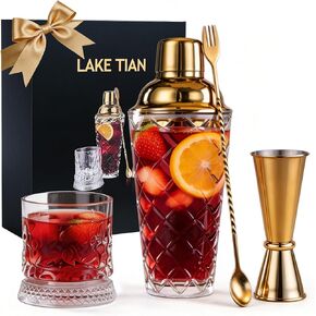 Glass Cocktail Shaker Set - 4 Piece - with Whiskey rotating glass Strainer, Jigger, Spoon for Home Bar/Trolley Décor/Margaritas/Martinis in Saudi Arabia