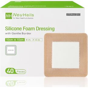 NeuHeils Silicone Foam Dressing with Gentle Border 4''x4'', 40 Pack - High Absorbency Waterproof Wound Bandage for Bed Sores, Leg Ulcers & Surgical Wounds in Kuwait