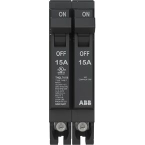 ABB Q-Line® THQLT1515 Tandem Circuit Breaker • 15A/1P, 15A/1P Configuration • 120/240 VAC • 10 kAIC Interrupt Rating • Thermal Magnetic Plug-On Breaker for Load Centers in Kuwait
