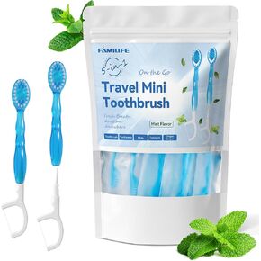 فرشاة أسنان للسفر من فاميلايف - فرشاة أسنان صغيرة 5 في 1 للاستعمال مرة واحدة مع معجون أسنان وخيط تنظيف الأسنان ومكشطة اللسان، مغلفة بشكل فردي لعطلة نهاية الأسبوع ورحلة العمل والتخييم (نعناع، ​​24 قطعة) in Kuwait