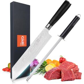 Gidli 8 Inch Chef Knife with Diamond Sharpener - Sharp German Carbon Stainless Steel Kitchen Knife for Precision Cutting - Ergonomic Wooden Handle for Comfortable Slicing and Chopping in Saudi Arabia