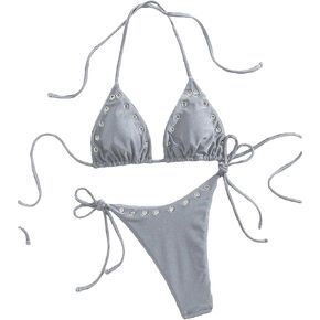 Women's Vintage Grommet Eyelet Bathing Suit Halter Summer Swimsuit Bikini Set in Kuwait