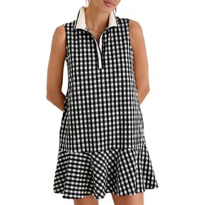 فستان بولو نسائي من القماش القطني برقبة على شكل V بدون أكمام وحاشية مكشكشة، فساتين قصيرة منقوشة بأزرار أمامية للتنس in Kuwait