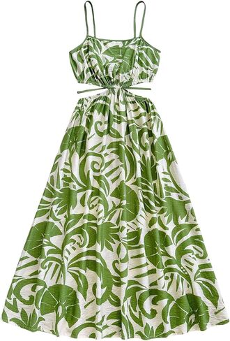 OYOANGLE Women's Floral Midi Cami Dress Cut Out Spaghetti Strap Ruffle A Line Boho Sundress in Saudi Arabia