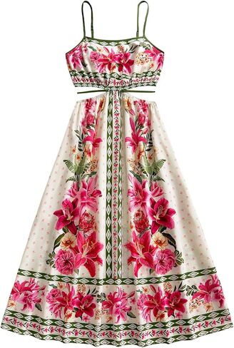 OYOANGLE Women's Floral Midi Cami Dress Cut Out Spaghetti Strap Ruffle A Line Boho Sundress in Saudi Arabia