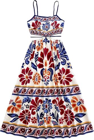 OYOANGLE Women's Floral Midi Cami Dress Cut Out Spaghetti Strap Ruffle A Line Boho Sundress in Saudi Arabia