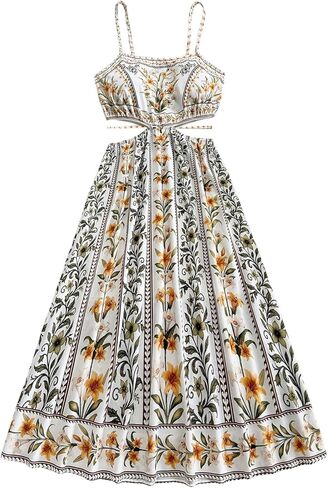 OYOANGLE Women's Floral Midi Cami Dress Cut Out Spaghetti Strap Ruffle A Line Boho Sundress in Saudi Arabia