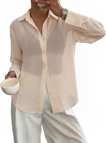 Totatuit Women's Sheer Button Up Blouse See Through Tops Sexy Button Down Shirt Beach Cover Up in Saudi Arabia