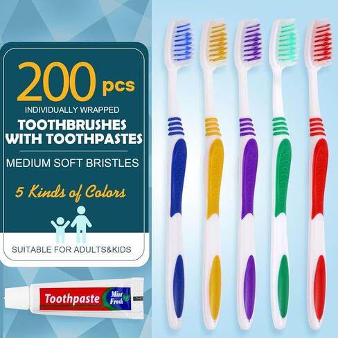 200 فرشاة أسنان للاستعمال مرة واحدة من نافونا مع مجموعة معجون أسنان، معجون أسنان للسفر، معاجين أسنان كبيرة، فرشاة أسنان كبيرة ملفوفة بشكل فردي، مقبض مريح، شعيرات ناعمة متوسطة، مثالية للسفر والفنادق in Saudi Arabia
