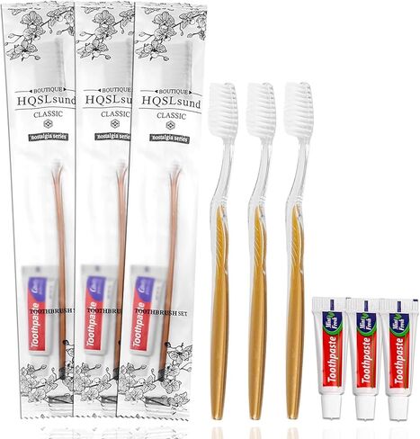 20 قطعة من فرشاة أسنان للاستعمال مرة واحدة مع مجموعة معجون أسنان مغلفة بشكل فردي، مجموعة فرشاة أسنان للسفر، مجموعة فرش أسنان الفندق لـ Airbnb، المأوى/الزفاف/منزل التمريض/الجمعية الخيرية/المشردين، ذهبي in Kuwait