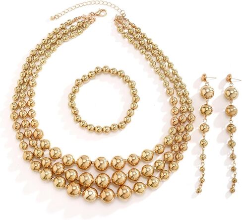 Chunky Bead Necklace for Women Plated Gold Silver Ball Bead Beaded Stretch Bracelet Long Chain Bead Drop Dangle Earrings Jewelry Set in Saudi Arabia